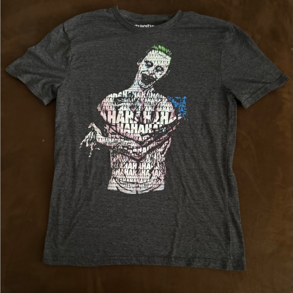 DC Comics Charcoal Joker Graphic Tee with Green and Blue Accents